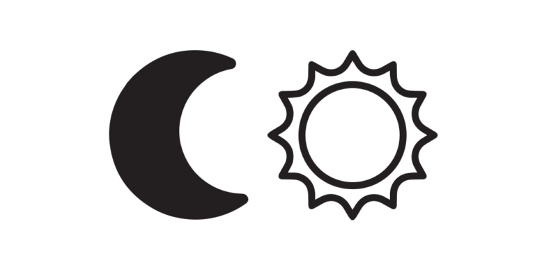 A black inked image of a crescent moon (on the left) and a black inked outline of the sun (on the right)
