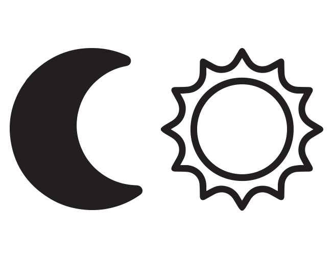 A black inked image of a crescent moon (on the left) and a black inked outline of the sun (on the right)