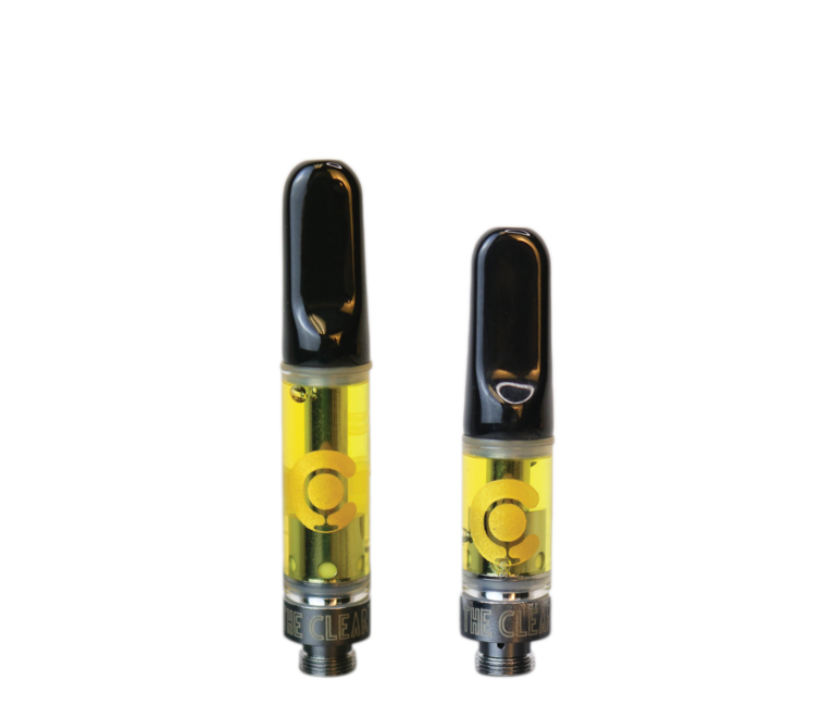 Two filled Classic cannabis vape carts with black tips. One is larger than the other. Each thc vape cart has the clear “C” logo on them.