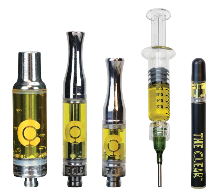 The lineup of The Clears elite cannabis THC distillate vapes. The products include THC distillate cartridge, THC oil carts, distillate syringe, and a THC vape.