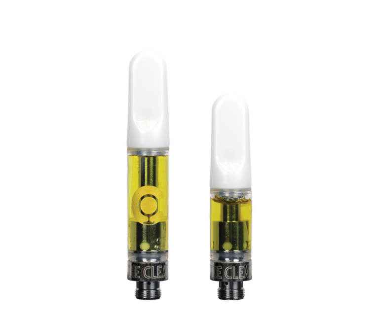 Two filled endo live resin THC-A vape carts with white tips. One is larger than the other. Each THC vape cart shows The Clear on them.