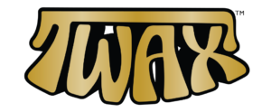 The Clear’s logo for Twax pre rolls. The lettering shows T-W-A-X in gold.
