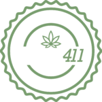 A green outlined circle with jagged edges. Within the circle, in white text, reads Corporate Sponsor (844) Leaf411. In the center is a cannabis leaf and reads Leaf411 underneath.