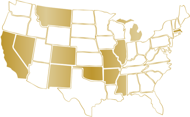 The map of the United States with certain states colored in gold to represent locations where you can find The Clear cannabis products.