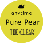 A circle label featuring the text ‘anytime Pure Pear The Clear’. The label indicates that The Clear Pure Pear THC vape is an excellent vape to use at any time of day.