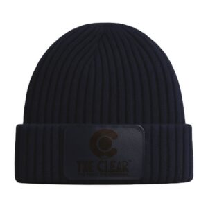 The Clear navy cashmere beanie with leather patch