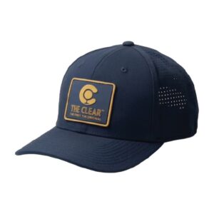 The Clear navy mesh trucker hat with gold rubber patch