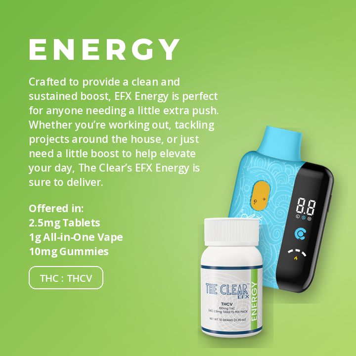 The Clear EFX Energy: 1g all-in-one vape and low-dose tablets bottle