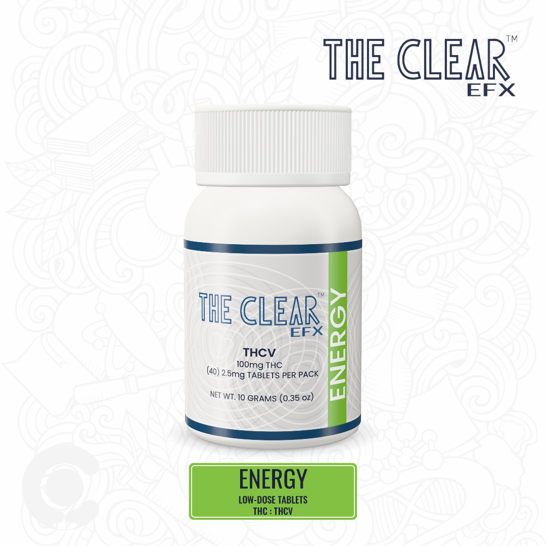 The Clear EFX Energy low-dose 2.5mg THC THCV tablets bottle