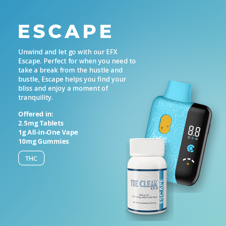 The Clear EFX Escape: 1g all-in-one vape and low-dose tablets bottle
