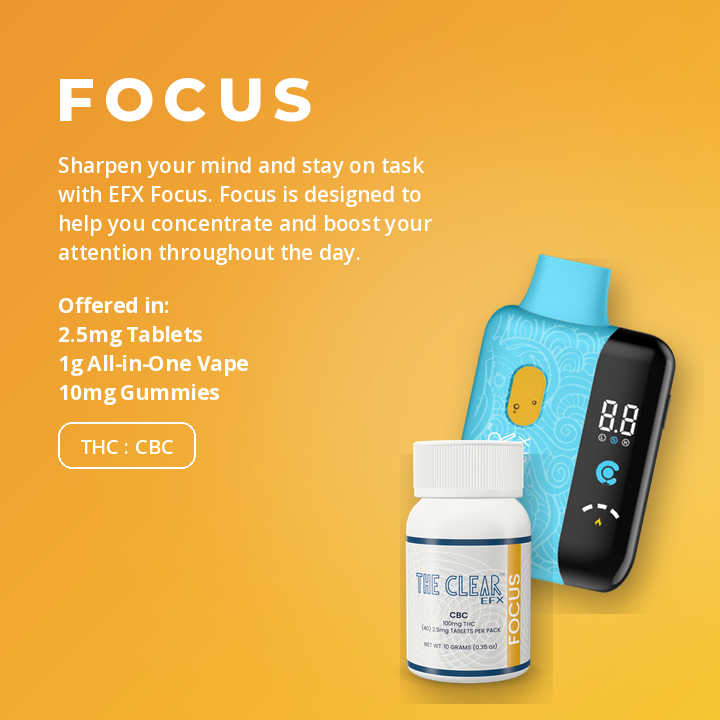 The Clear EFX Focus: 1g all-in-one vape and low-dose tablets bottle