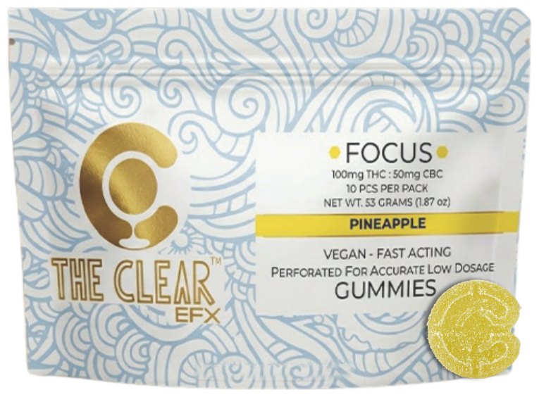 The Clear EFX Focus vegan THC CBC gummies pouch with pineapple gummy