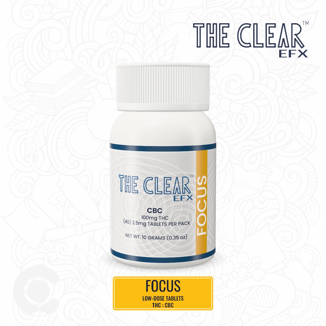 The Clear EFX Focus low-dose 2.5mg THC CBC tablets bottle