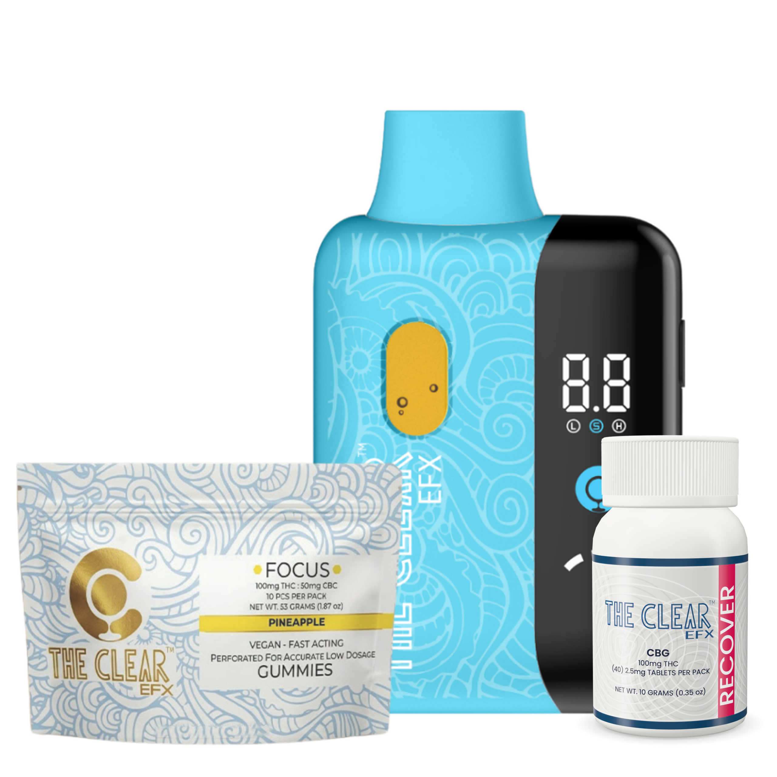 The Clear EFX lineup: 1g all-in-one THC vape, Focus gummies pouch and Recover low-dose tablets bottle