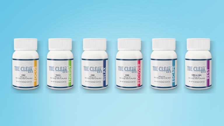 The Clear EFX low-dose THC tablets in six effects: Focus, Energy, Relax, Recover, Escape and Rest bottles