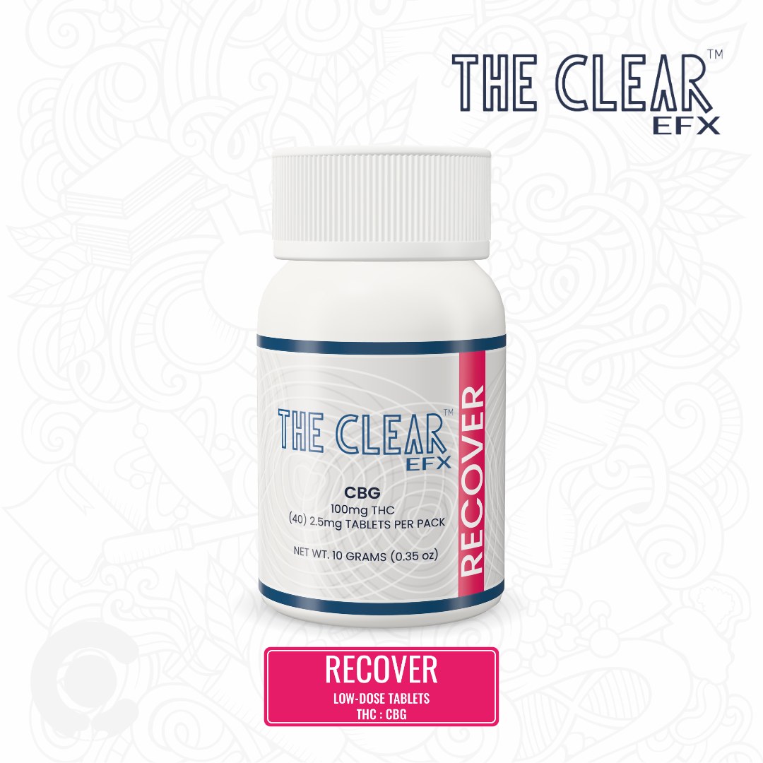 The Clear EFX Recover low-dose 2.5mg THC CBG tablets bottle