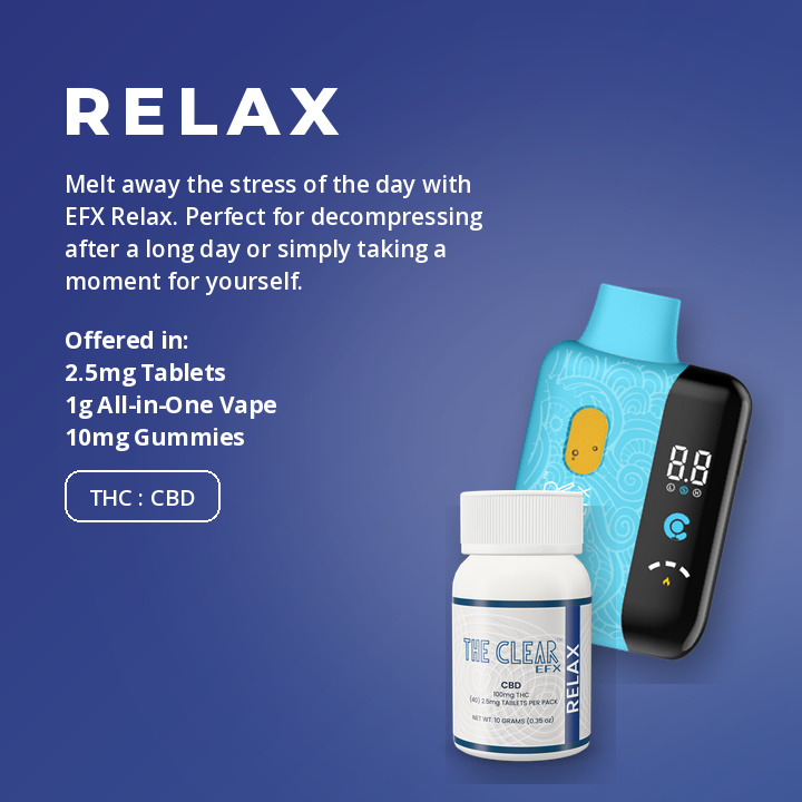 The Clear EFX Relax: 1g all-in-one vape and low-dose tablets bottle