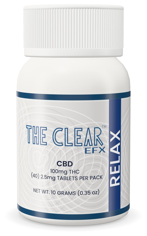 The Clear EFX Relax low-dose 2.5mg THC CBD tablets bottle