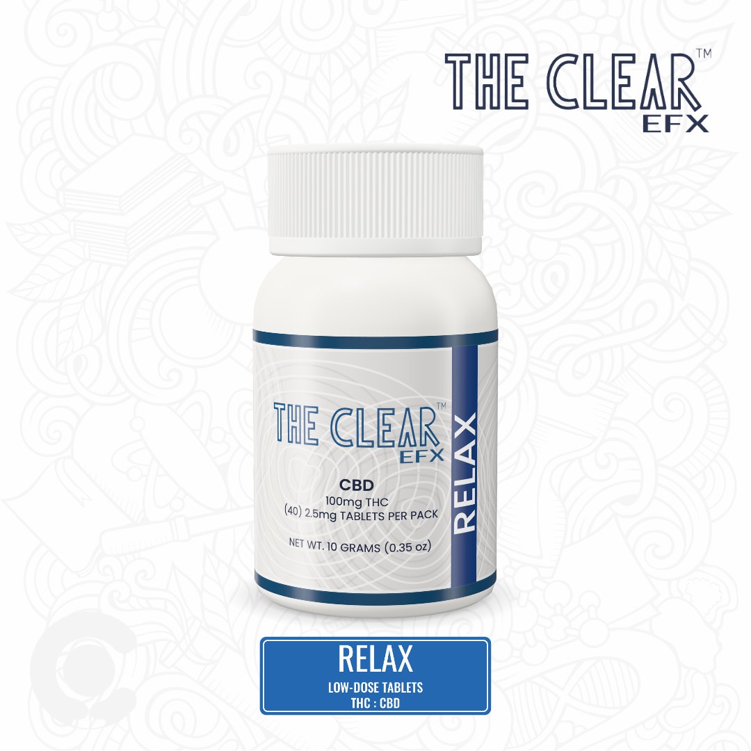 The Clear EFX Relax low-dose 2.5mg THC CBD tablets bottle
