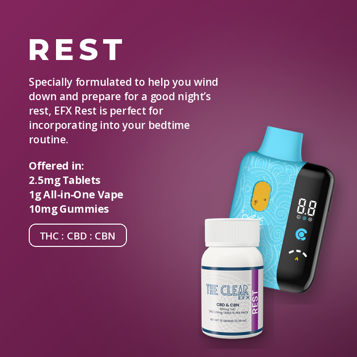 The Clear EFX Rest: 1g all-in-one vape and low-dose tablets bottle