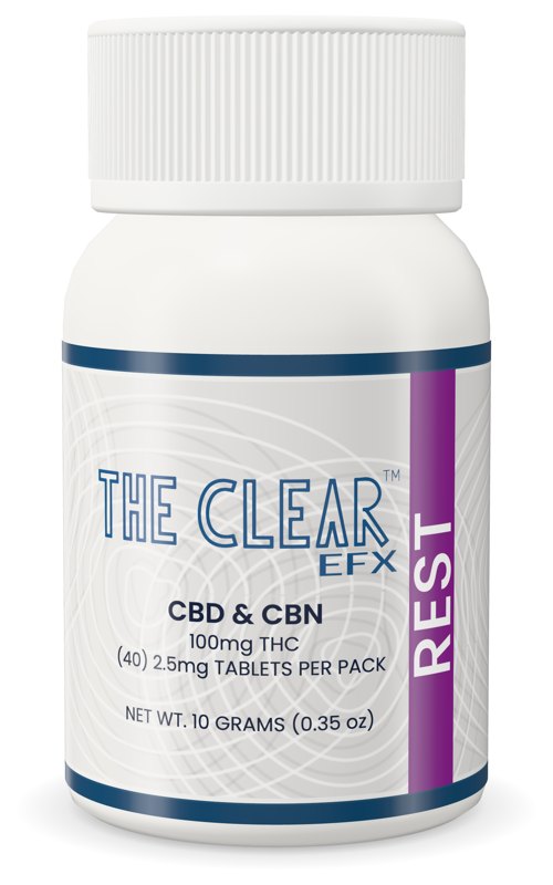 The Clear EFX Rest low-dose 2.5mg THC CBD CBN tablets bottle