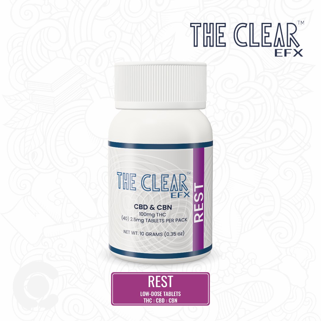 The Clear EFX Rest low-dose 2.5mg THC CBD CBN tablets bottle